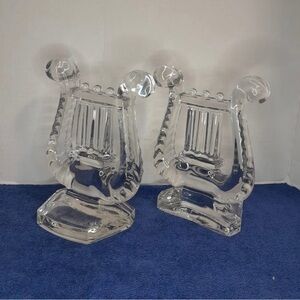 Pair Mid-Century Fostoria Harp Lyre Heavy Clear Glass Bookends Music Decor Gift